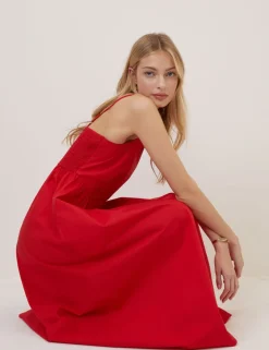 Pure Cotton Strappy Midi Waisted Dress