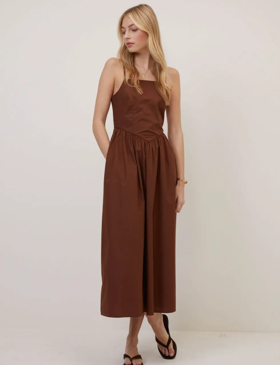 Pure Cotton Strappy Midi Waisted Dress