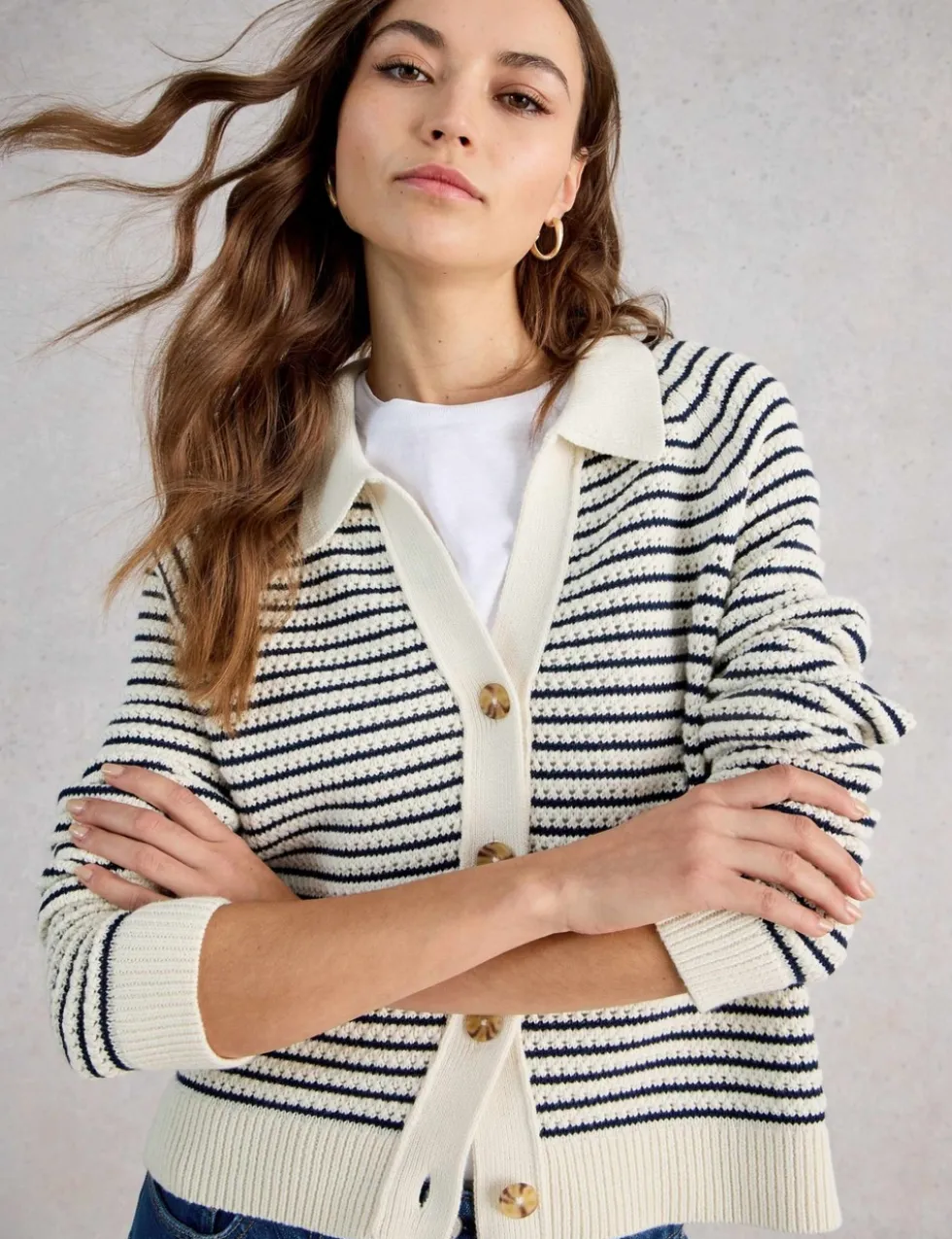 Pure Cotton Stripe Collared Cardigan