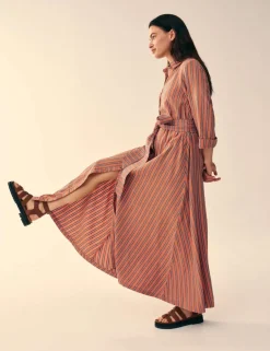 Pure Cotton Striped Belted Maxi Shirt Dress