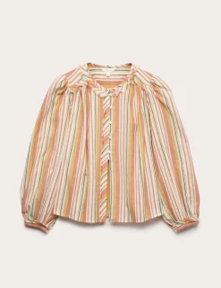 Pure Cotton Striped Blouson Sleeve Blouse