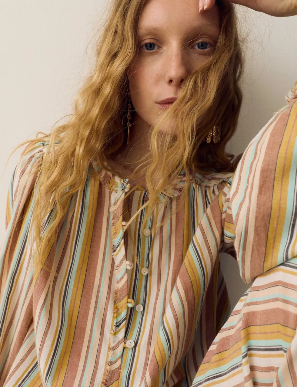 Pure Cotton Striped Blouson Sleeve Blouse