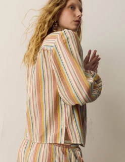 Pure Cotton Striped Blouson Sleeve Blouse