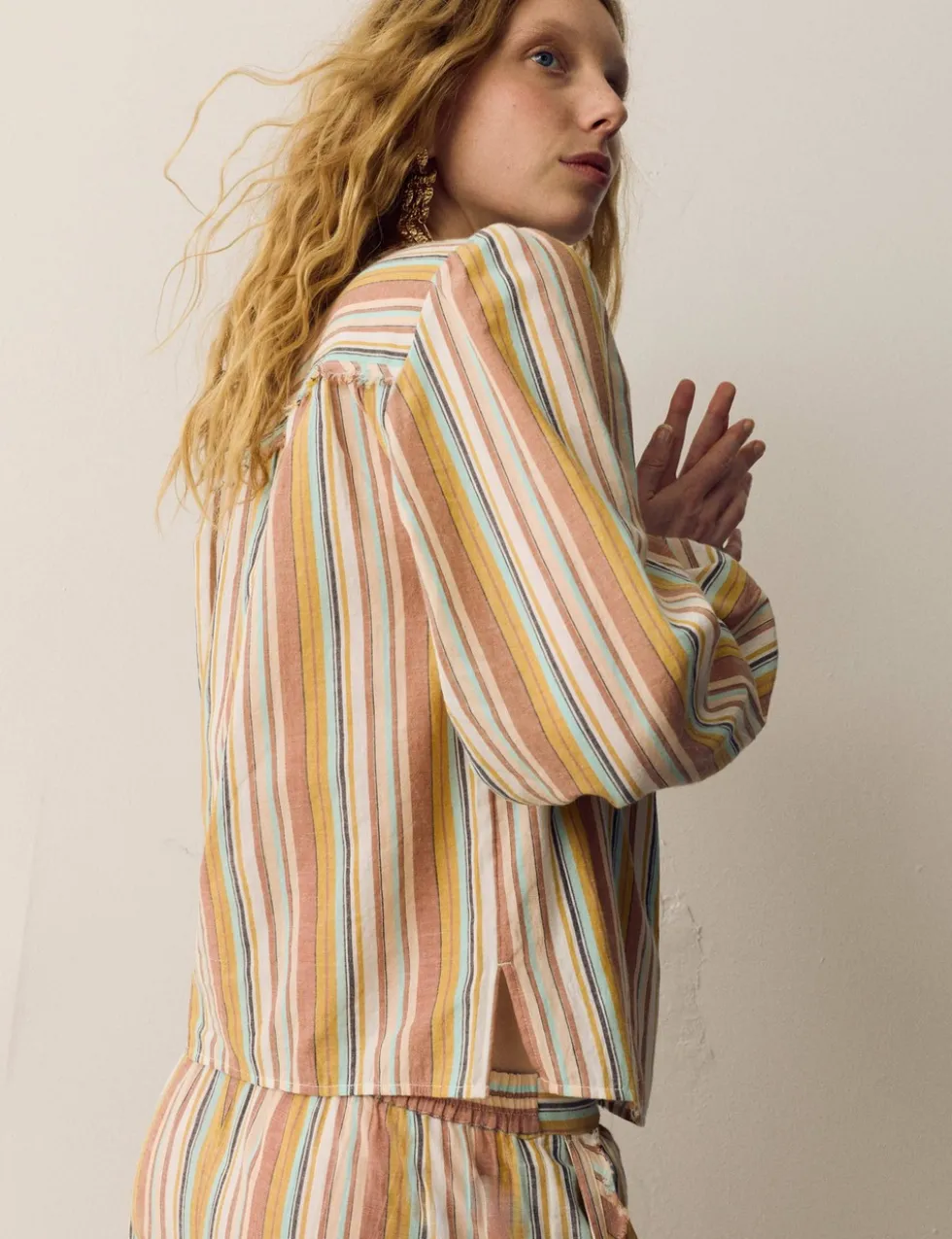 Pure Cotton Striped Blouson Sleeve Blouse