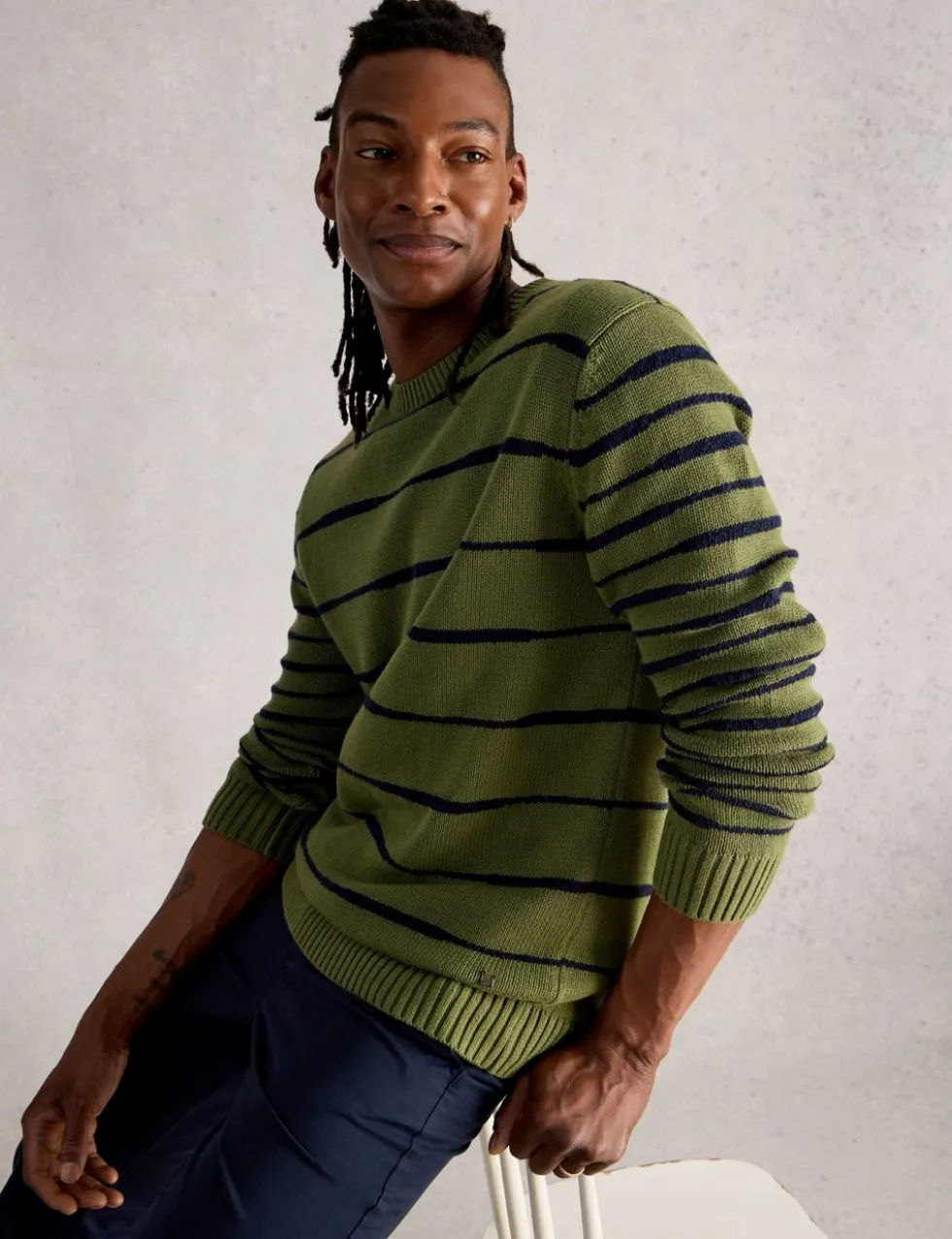 Pure Cotton Striped Crew Neck Jumper