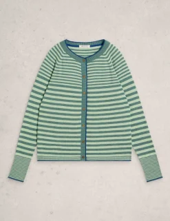 Pure Cotton Striped Crew Neck Cardigan