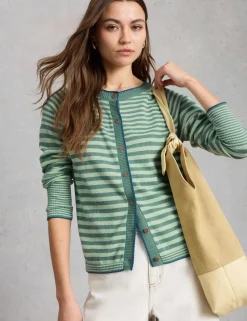 Pure Cotton Striped Crew Neck Cardigan