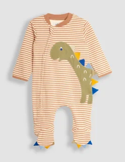 Pure Cotton Striped Dino Zip Sleepsuit (0-12 Mths)