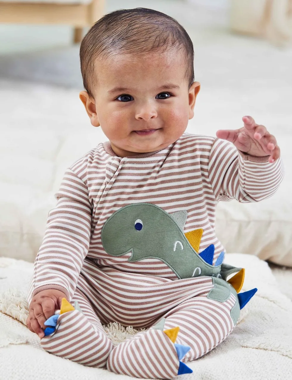 Pure Cotton Striped Dino Zip Sleepsuit (0-12 Mths)