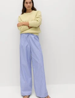 Pure Cotton Striped Drawstring Wide Leg Trousers
