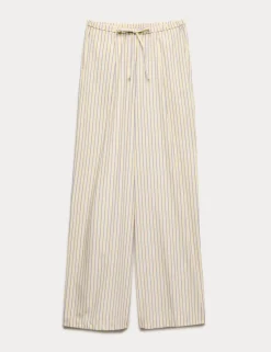 Pure Cotton Striped Drawstring Wide Leg Trousers