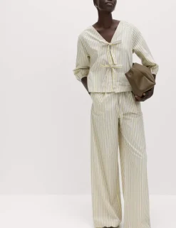 Pure Cotton Striped Drawstring Wide Leg Trousers