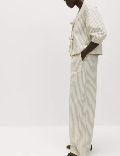 Pure Cotton Striped Drawstring Wide Leg Trousers