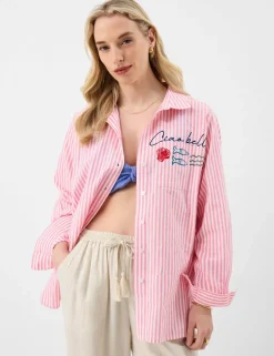 Pure Cotton Striped Embroidered Beach Shirt