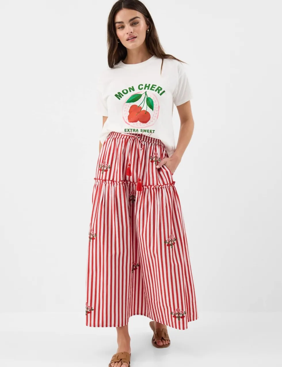 Pure Cotton Striped Embroidered Midi Skirt
