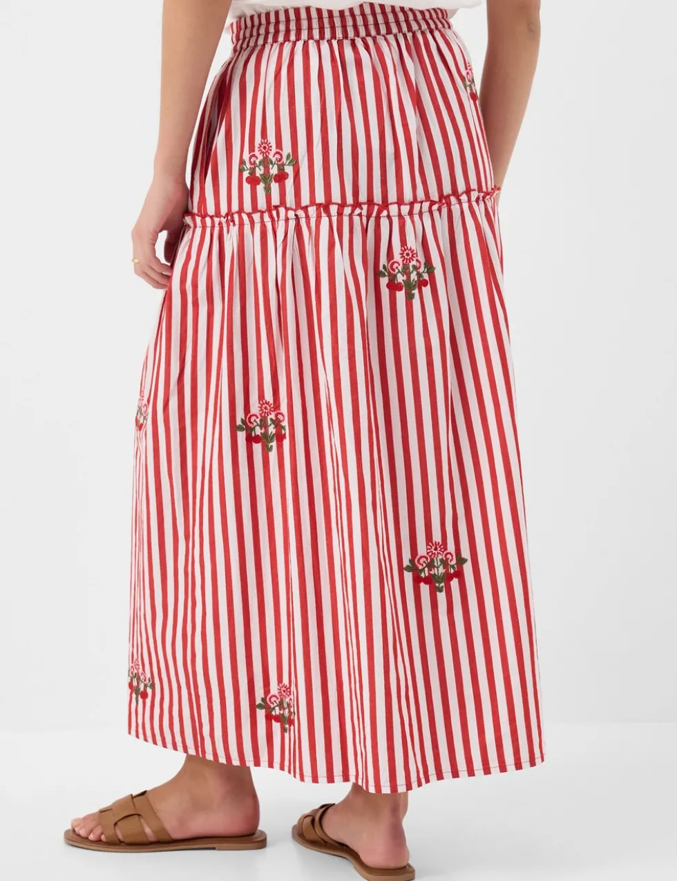 Pure Cotton Striped Embroidered Midi Skirt