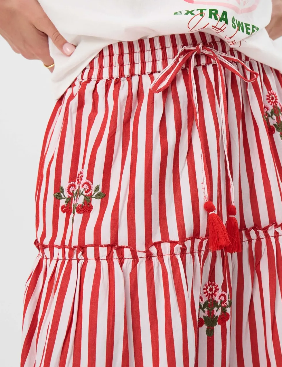 Pure Cotton Striped Embroidered Midi Skirt