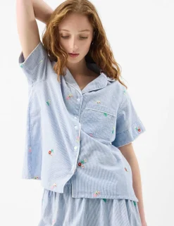 Pure Cotton Striped Floral Embroidery Pyjamas