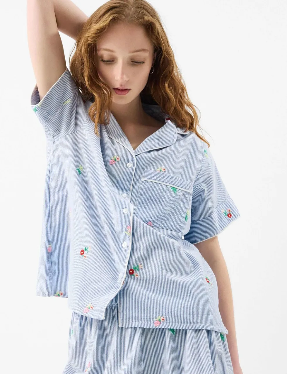 Pure Cotton Striped Floral Embroidery Pyjamas
