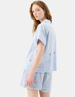 Pure Cotton Striped Floral Embroidery Pyjamas