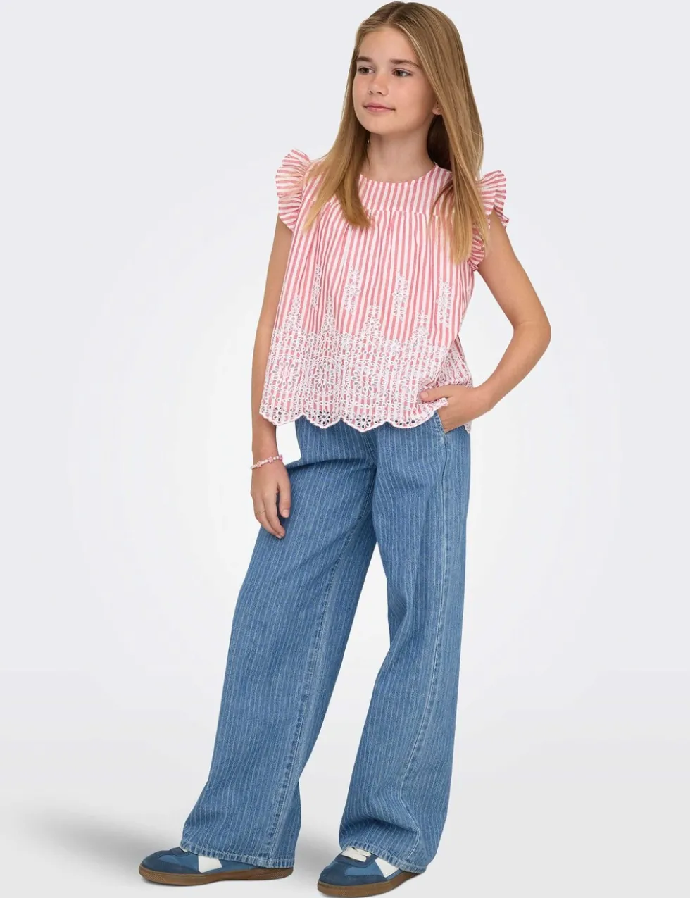 Pure Cotton Striped Frilly Sleeve Top (8-14 Yrs)