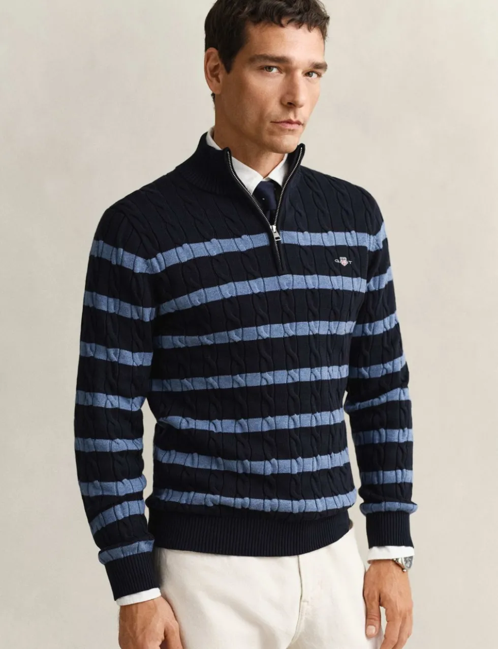 Pure Cotton Striped Half Zip Cable Jumper
