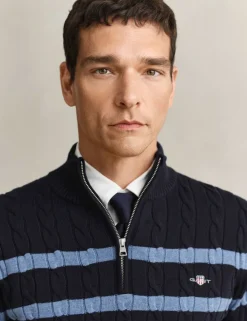 Pure Cotton Striped Half Zip Cable Jumper