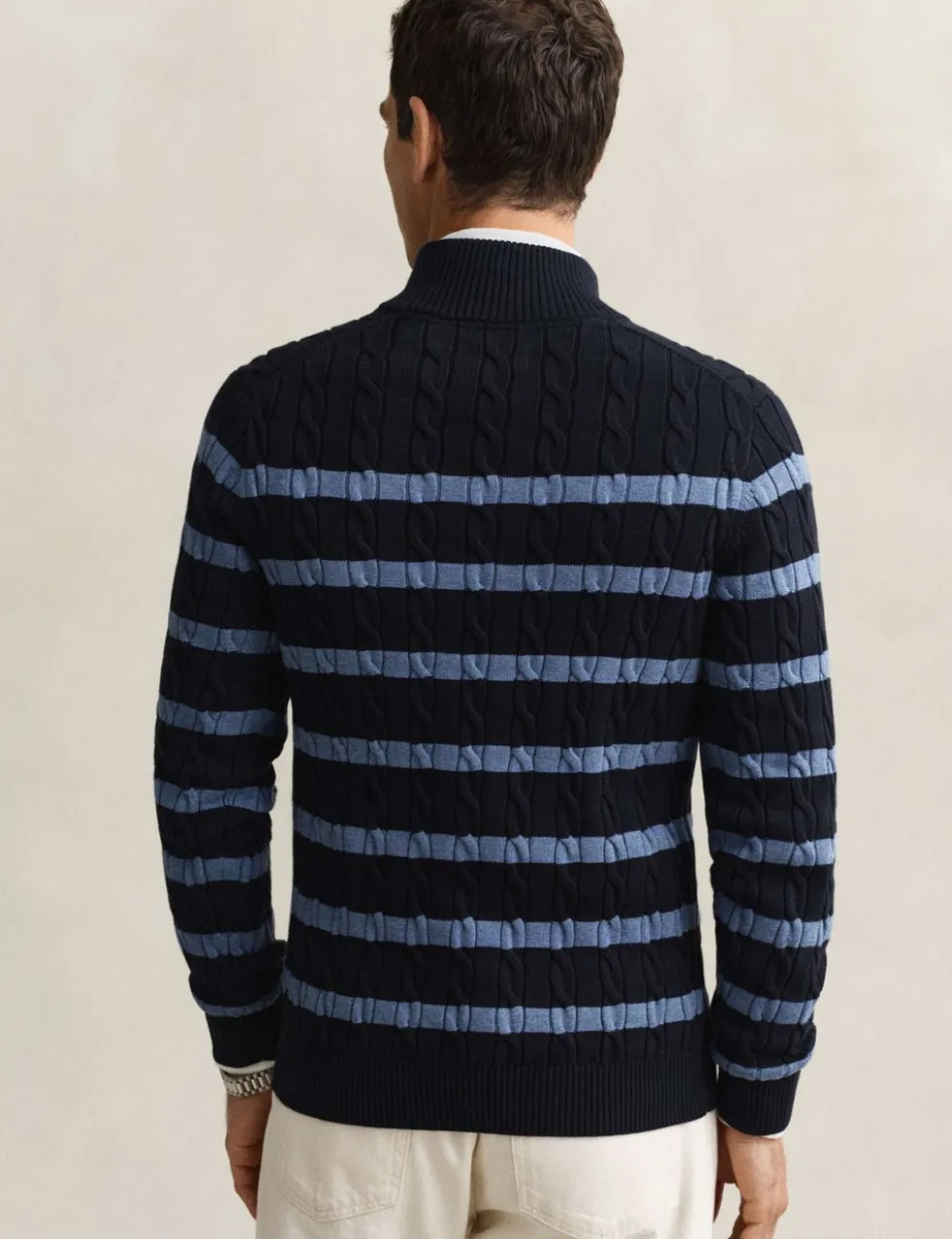 Pure Cotton Striped Half Zip Cable Jumper
