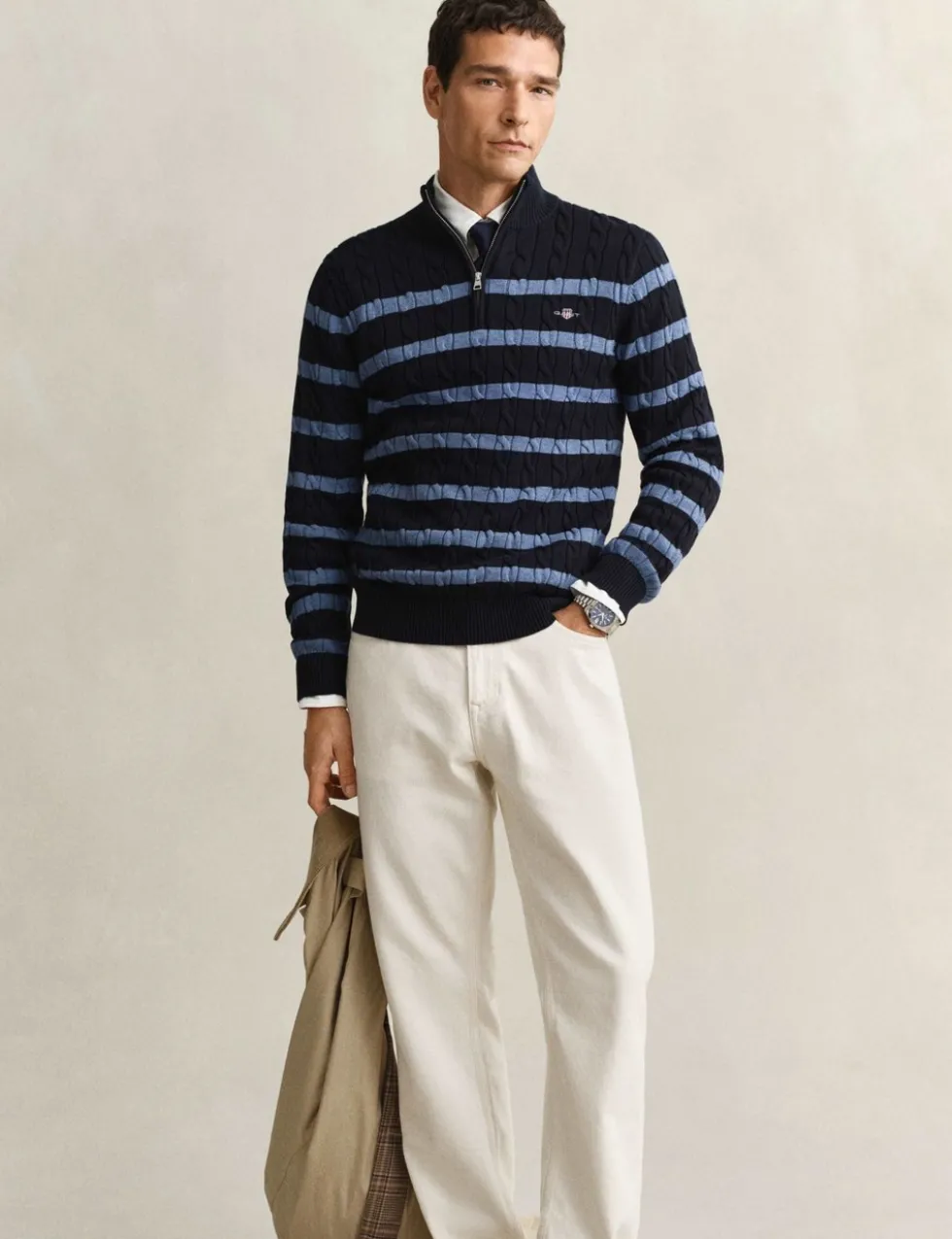 Pure Cotton Striped Half Zip Cable Jumper