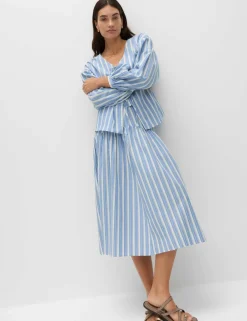 Pure Cotton Striped Midi Drop Waist Skirt