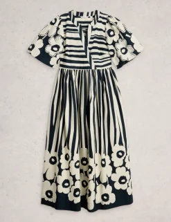 Pure Cotton Striped Midi Waisted Dress