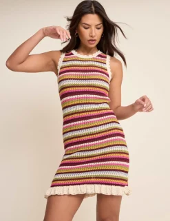Pure Cotton Striped Mock Crochet Mini Dress
