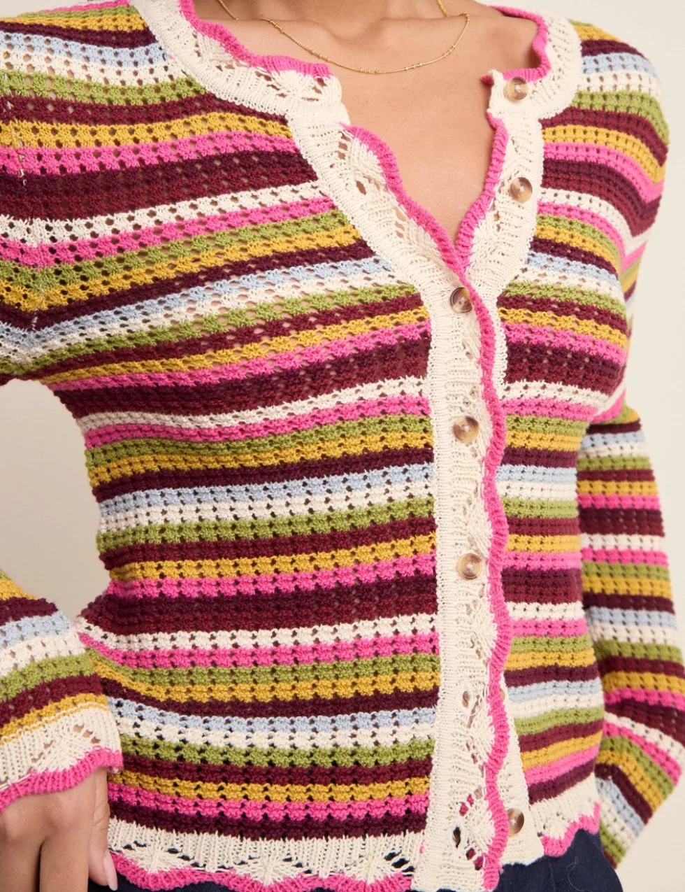 Pure Cotton Striped Mock Crochet Cardigan