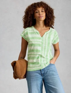 Pure Cotton Striped Notch Neck T-Shirt