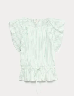 Pure Cotton Striped Puff Sleeve Drawstring Top
