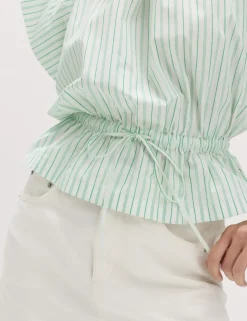 Pure Cotton Striped Puff Sleeve Drawstring Top