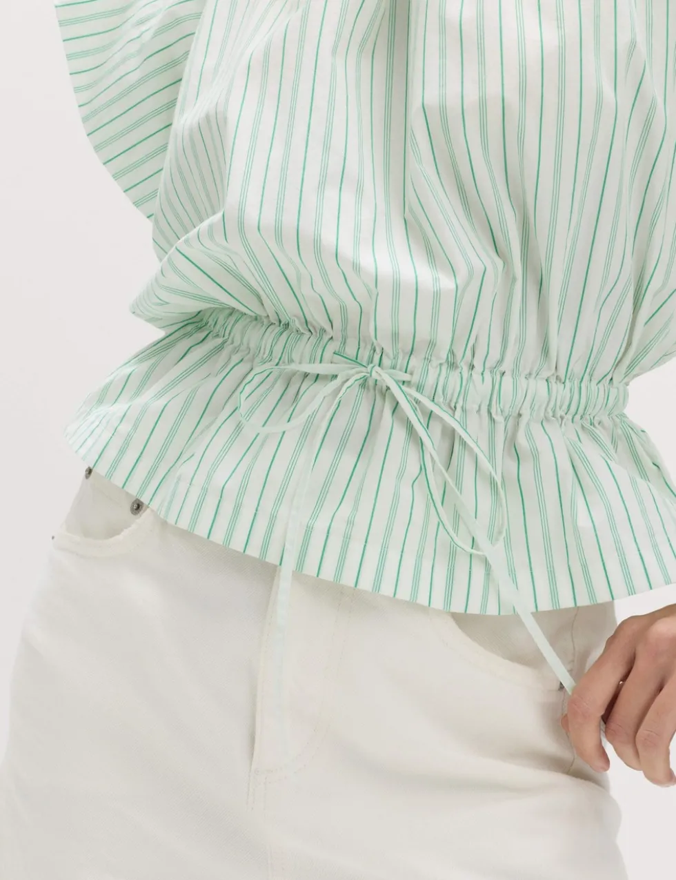 Pure Cotton Striped Puff Sleeve Drawstring Top