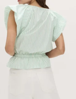 Pure Cotton Striped Puff Sleeve Drawstring Top