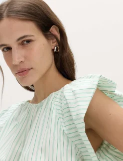 Pure Cotton Striped Puff Sleeve Drawstring Top
