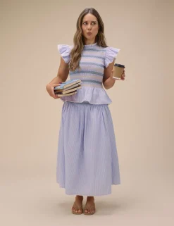 Pure Cotton Striped Shirred Peplum Top