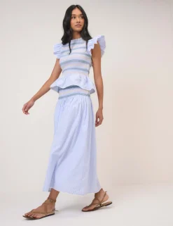 Pure Cotton Striped Shirred Midi Skirt