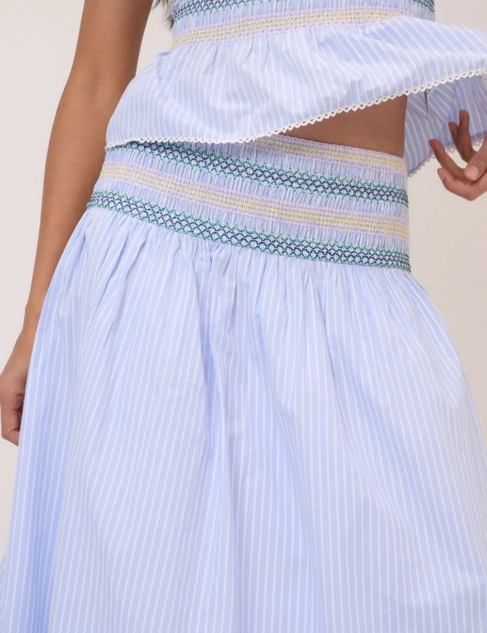 Pure Cotton Striped Shirred Midi Skirt