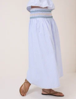 Pure Cotton Striped Shirred Midi Skirt