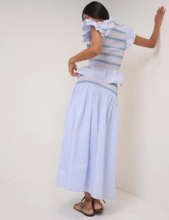 Pure Cotton Striped Shirred Midi Skirt