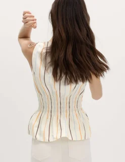 Pure Cotton Striped Shirred Waisted Top
