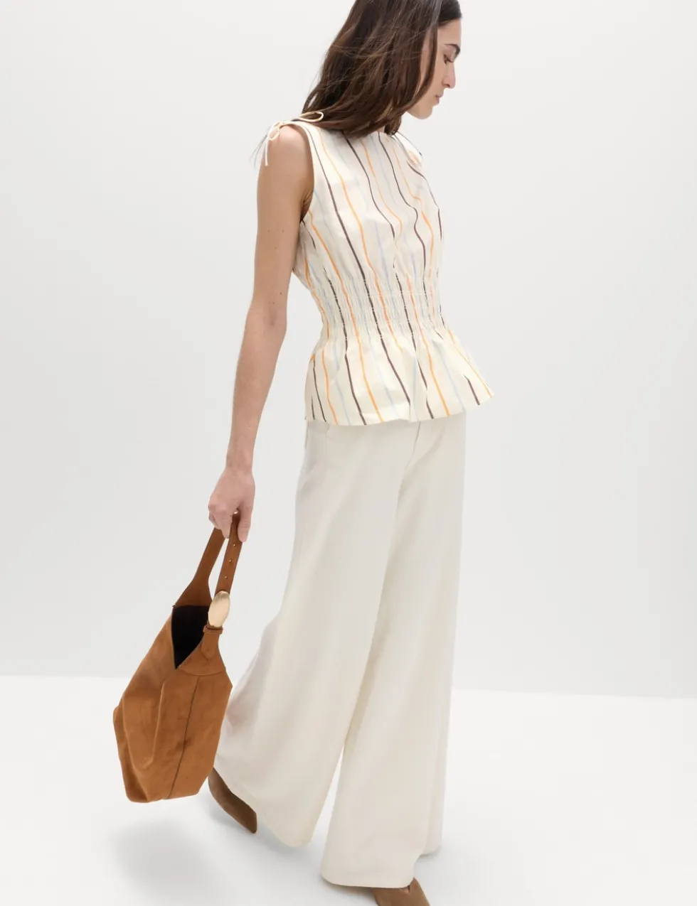 Pure Cotton Striped Shirred Waisted Top