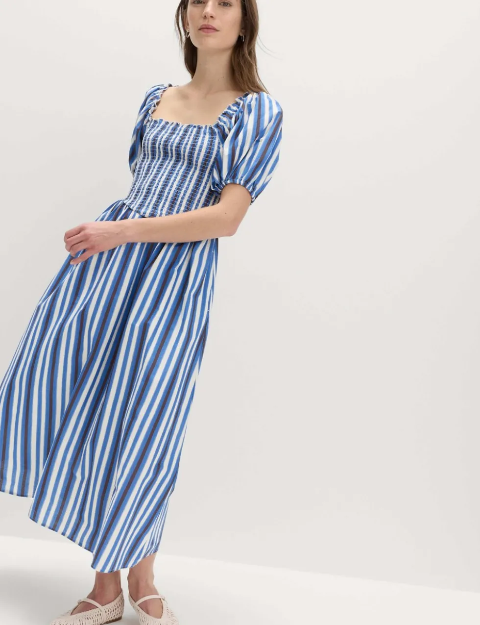 Pure Cotton Striped Shirred Midi Dress
