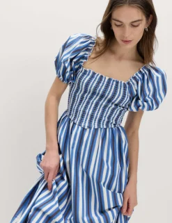 Pure Cotton Striped Shirred Midi Dress