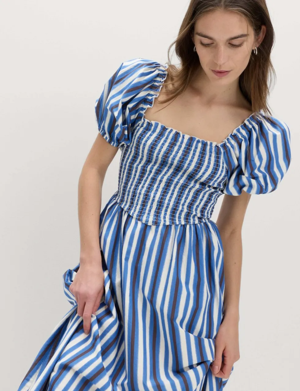 Pure Cotton Striped Shirred Midi Dress