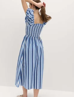 Pure Cotton Striped Shirred Midi Dress